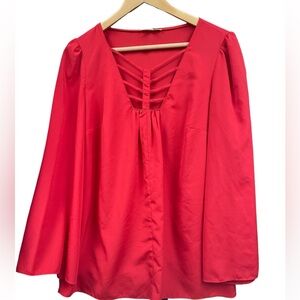 Gianni Bini Red Puff Bell Sleeve Drape Blouse Medium